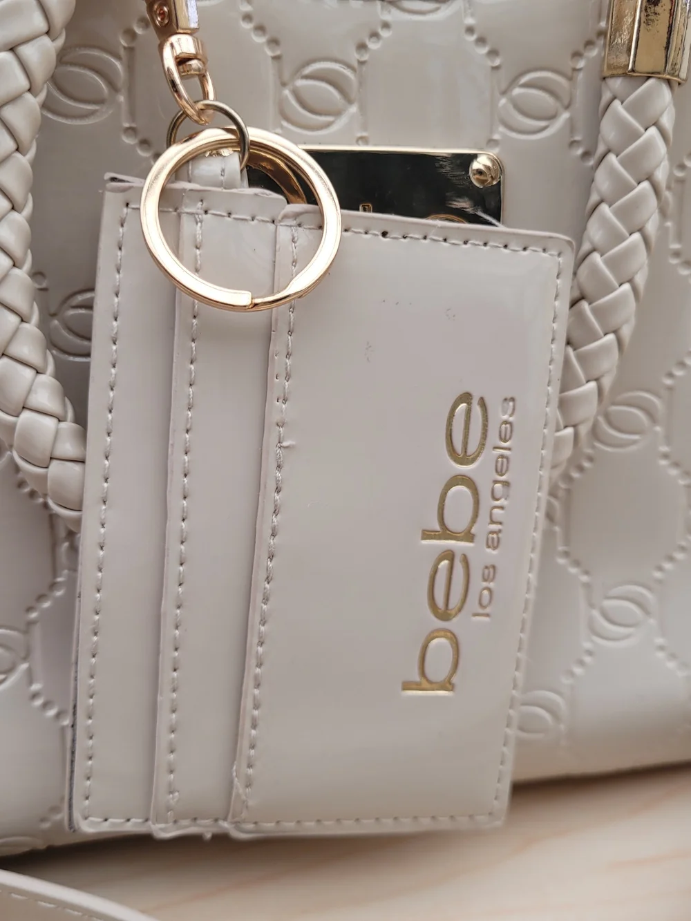 Bebe Cream Embossed Satchel Crossbody Bag – Gold Hardware Elegant Bebe handbag